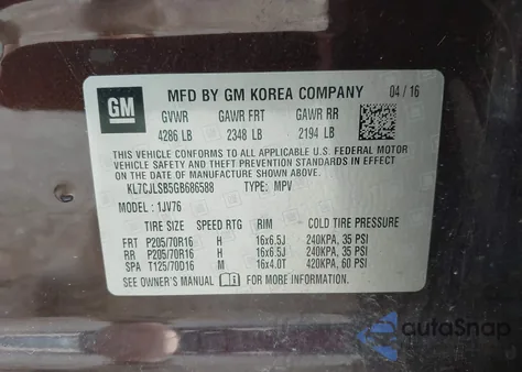 2016 Chevrolet Trax Lt из США, поврежденный, VIN KL7CJLSB5GB686588